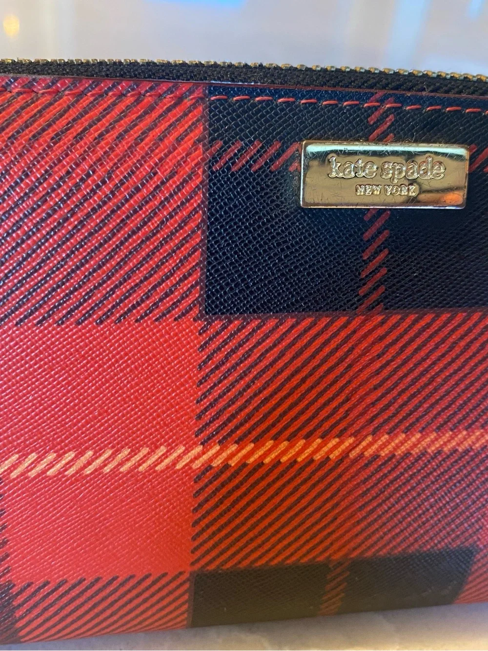 Kate Spade Laurel Way Travel Plaid Zip Around Wallet - Red and black - fall